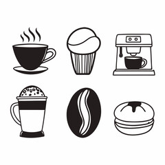 Coffee doodles with cup, muffin, machine, latte, bean, and macaron isolated on white background