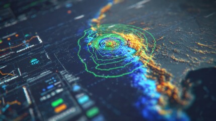 Visual Representation of a Seismic Event in a Digital Format Highlighting Data Analysis and Geographic Impact Near Fault Lines