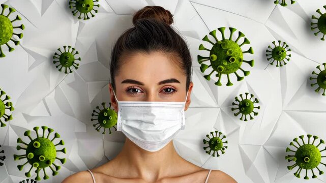 Protecting in Times of Sickness: A person models an essential mask while surrounded by viruses. The imagery represents the importance of protection during a viral epidemic.