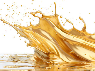 Premium studio shot showing Golden liquid splash motion abstract design element for presentation isolated on transparent background, subtle metallic sheen, studio product photo on a clean white backgr