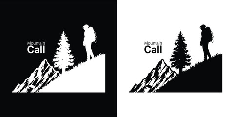 Naklejka premium A silhouette of a hiker ascending a mountain slope with a pine tree, representing the call of adventure and exploration in nature