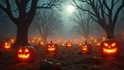 Floating Halloween Pumpkins in Fog