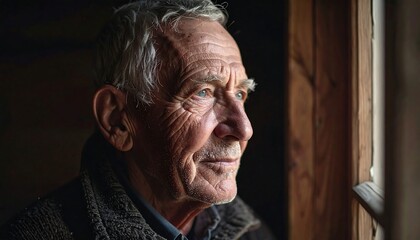 Elderly man gazing out window.