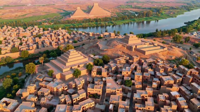 Aerial panoramic view of an ancient Mesopotamian-style ziggurat surrounded by a dense cityscape along a river. The stepped pyramid rises in the heart of the city, showcasing historical architecture bl