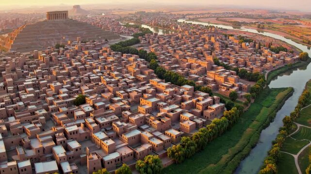 Aerial panoramic view of an ancient Mesopotamian-style ziggurat surrounded by a dense cityscape along a river. The stepped pyramid rises in the heart of the city, showcasing historical architecture bl