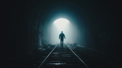 Lonely Silhouette in Dark Tunnel with Light at the End
