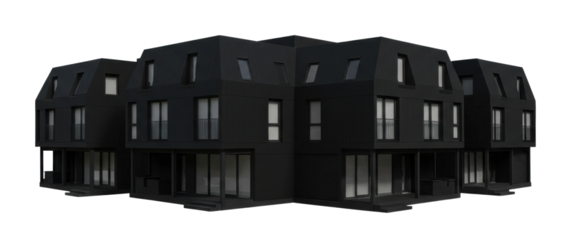 Modern black architecture contemporary housing complex urban setting 3d model minimalist environment aerial isolated on transparent background