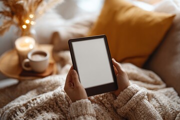Cozy e-reader moment: enjoying a book with coffee on a comfy blanket.