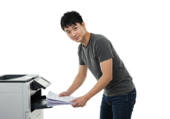 Office worker printing documents office space minimalist environment productivity concept isolated on transparent background