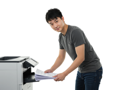 Office worker printing documents office space minimalist environment productivity concept isolated on transparent background
