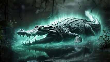 Obraz premium Spectral Crocodile with Bioluminescent Jaws in a Mystical, Foggy Swamp