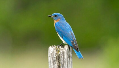 Obraz premium Eastern bluebird perched on a weathered wooden post.