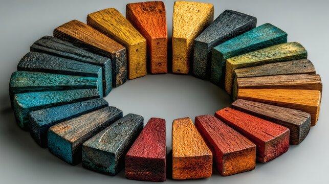 Pastel-Colored Wood Color Wheel in O Shape on White Background, Simple Minimalist Flat Design for Graphic Designers and Artists, Financial Graph Illustration with Vibrant Data Points on Blue Backgroun