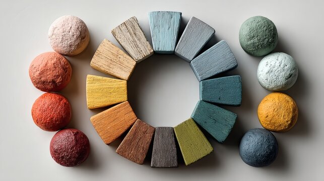 Pastel-Colored Wood Color Wheel in O Shape on White Background, Simple Minimalist Flat Design for Graphic Designers and Artists, Financial Graph Illustration with Vibrant Data Points on Blue Backgroun
