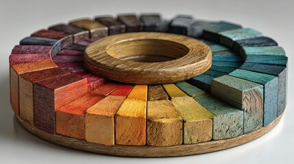 Obraz premium Pastel-Colored Wood Color Wheel in O Shape on White Background, Simple Minimalist Flat Design for Graphic Designers and Artists, Financial Graph Illustration with Vibrant Data Points on Blue Backgroun