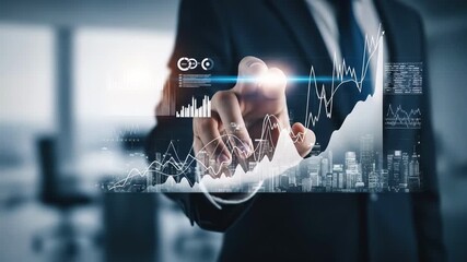 A businessman interacts with holographic financial data displays He is wearing a dark suit This showcases modern business strategy and innovative technology - Powered by Adobe