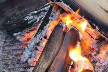 Charred Logs with Grey Ash and Flames