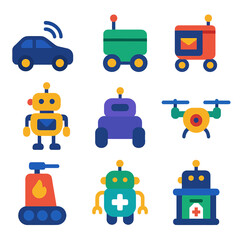 Colorful glowing icons of autonomous vehicles and robots with soft gradients