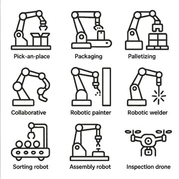 Industrial automation icons: robots in manufacturing and assembly line processes