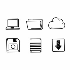 Hand drawn laptop, folder, cloud, floppy disk icons isolated on white background