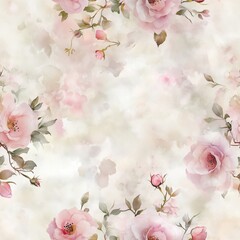 Soft pink watercolor roses and buds with subtle green leaves forming a border on a dreamy, textured light pink and white background, perfect for gentle designs.