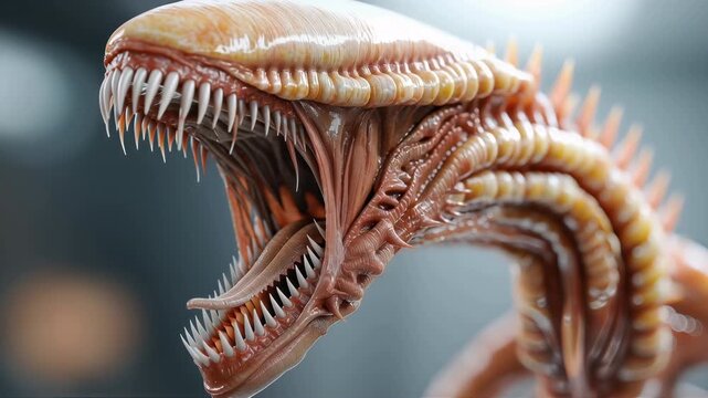 A close-up CGI animation of a monstrous alien-like creature with a long segmented neck, biomechanical details, and multiple rows of sharp teeth.