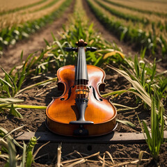 Harmony in the Harvest: A violin rests gracefully amidst rows of growing crops, a beautiful representation of nature's musicality, offering a unique perspective on the symphony of nature and the arts