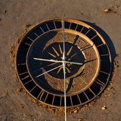 Obraz premium Precise Time: An overhead shot of a cast-iron sundial, its intricate design casting a shadow, is perfectly positioned, a testament to the enduring elegance of accurate time measurement. 