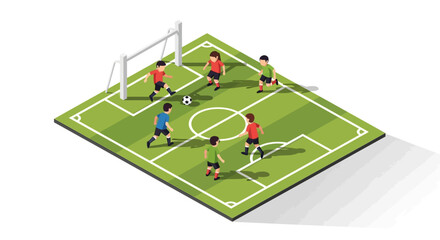 Fototapeta premium Children's soccer team in a competitive game on an isometric field. Vector graphic representing youth sports, activity, and teamwork.