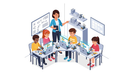 Teacher guiding a diverse group of children in a robotics and coding class, a concept for STEM education.
