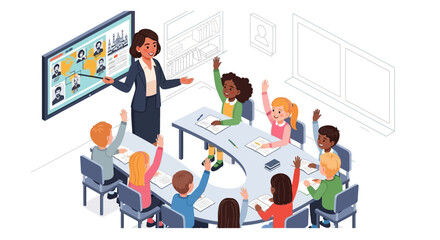 Teacher leads diverse classroom discussion, students actively participate, interactive learning.