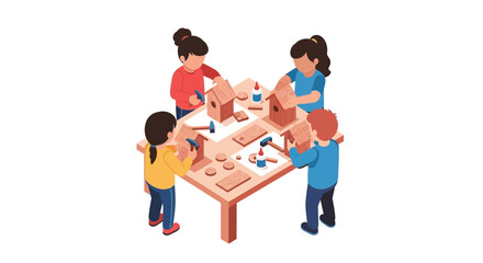 Isometric illustration of a group of children working together in a craft workshop to build wooden birdhouses