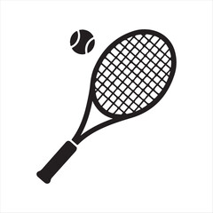 Black silhouette of a tennis racket and ball on a white background sport game