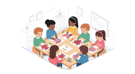 Diverse group of young students in a classroom learning about human anatomy by drawing and coloring hearts.