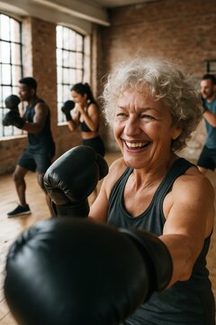Elderly caucasian female enjoying boxing class with diverse group in gym
