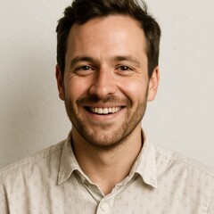 Obraz premium Smiling caucasian male adult with beard in casual shirt against neutral background