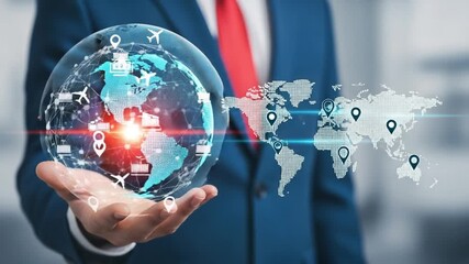 Man in suit holding globe with network and world map showing global connections and logistics - Powered by Adobe