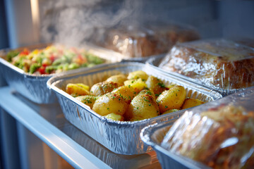 Steaming Dishes in Aluminum Foil Containers Sit in Fridge, Ready for meal-prep shots, food posters.