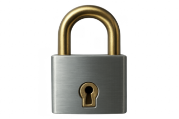 Closed padlock with golden shackle ensuring security on transparent background