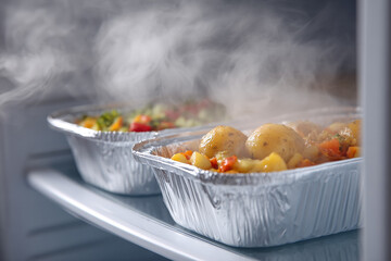 Steaming aluminum pans present hot food. Commercial use for convenience meals, meal prep service, food delivery apps, or healthy diet promotion.