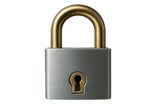 Closed padlock with golden shackle ensuring security on transparent background