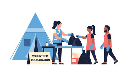 Volunteers collect trash and register new participants at a tent during a community cleanup event, promoting environmental awareness and civic engagement.