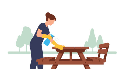 Woman wearing gloves cleans a wooden picnic table outdoors with a spray bottle and cloth.