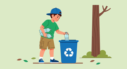 A young boy in a cap recycles plastic water bottles into a blue bin outdoors.