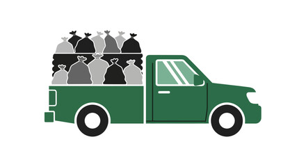 Green pickup truck overflowing with garbage bags for disposal.