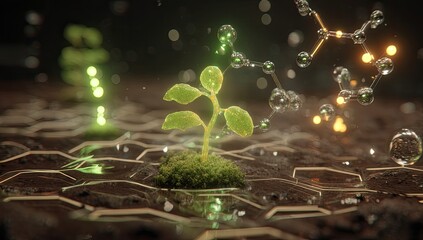 A vibrant sprout emerges from a hexagonal, textured surface, surrounded by glowing molecules and water droplets