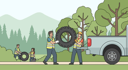 Two workers in safety vests are carrying a large tire towards a pickup truck loaded with trees, while others work on tires in the background.