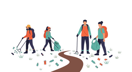 Volunteers with backpacks actively picking up scattered litter along a winding path, promoting environmental cleanup and nature preservation.