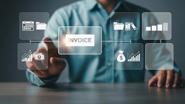 Man in blue shirt touching invoice icon with calendar folder and money bag icons around it online