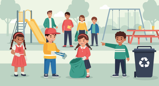 Children actively participate in a park cleanup, collecting litter with gloves and bags near playground equipment and picnic tables. - Powered by Adobe